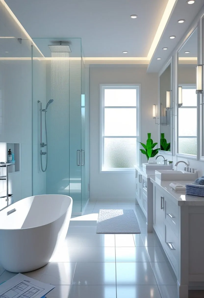 A modern bathroom with a bathtub, walk-in shower, double vanity, and remodeling plans on a countertop.