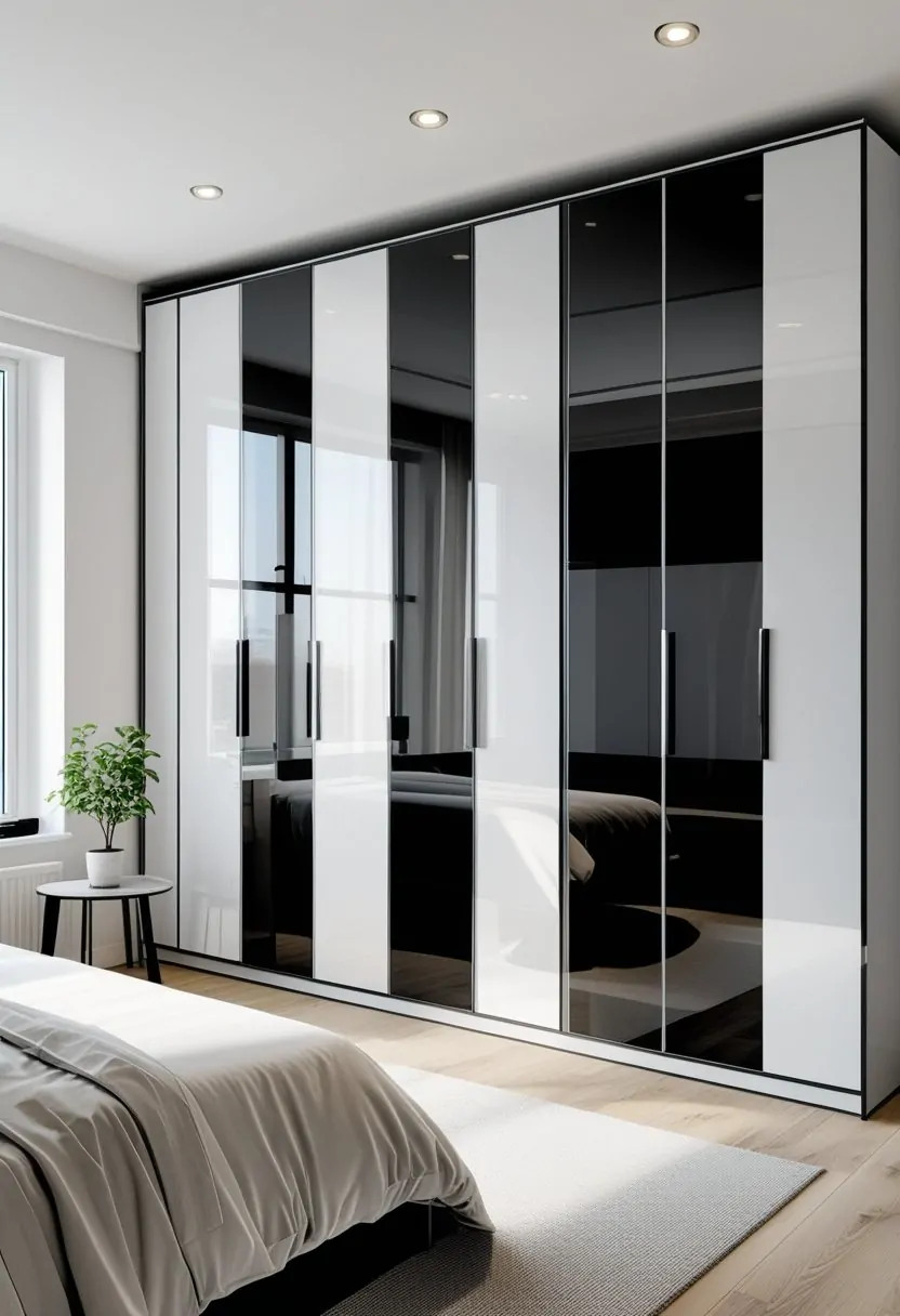 A bedroom with a large black and white panel wardrobe with eight doors, a bed, and a bedside table.
