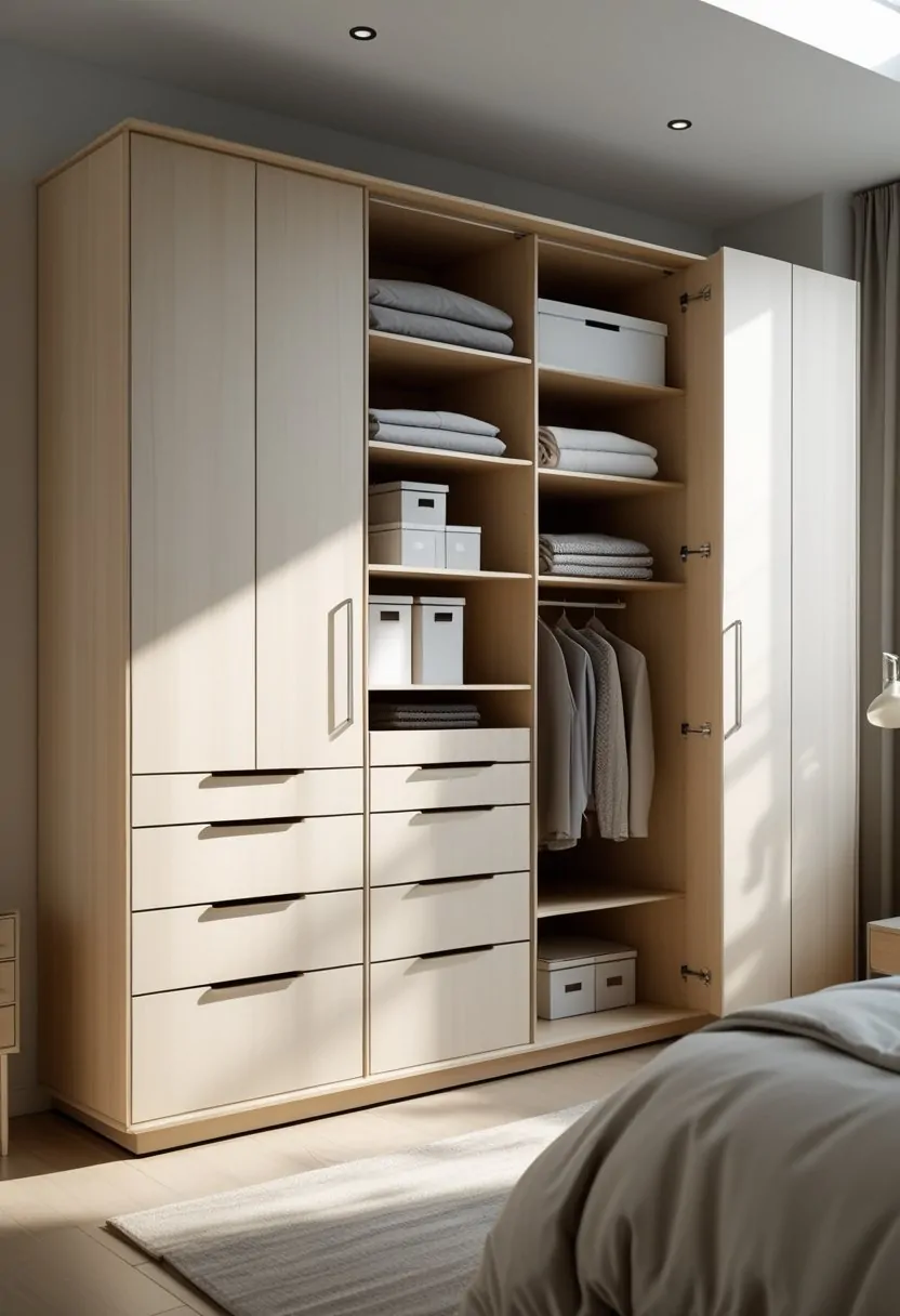 A bedroom with a modern wardrobe featuring drawers and shelves filled with clothes and storage items.