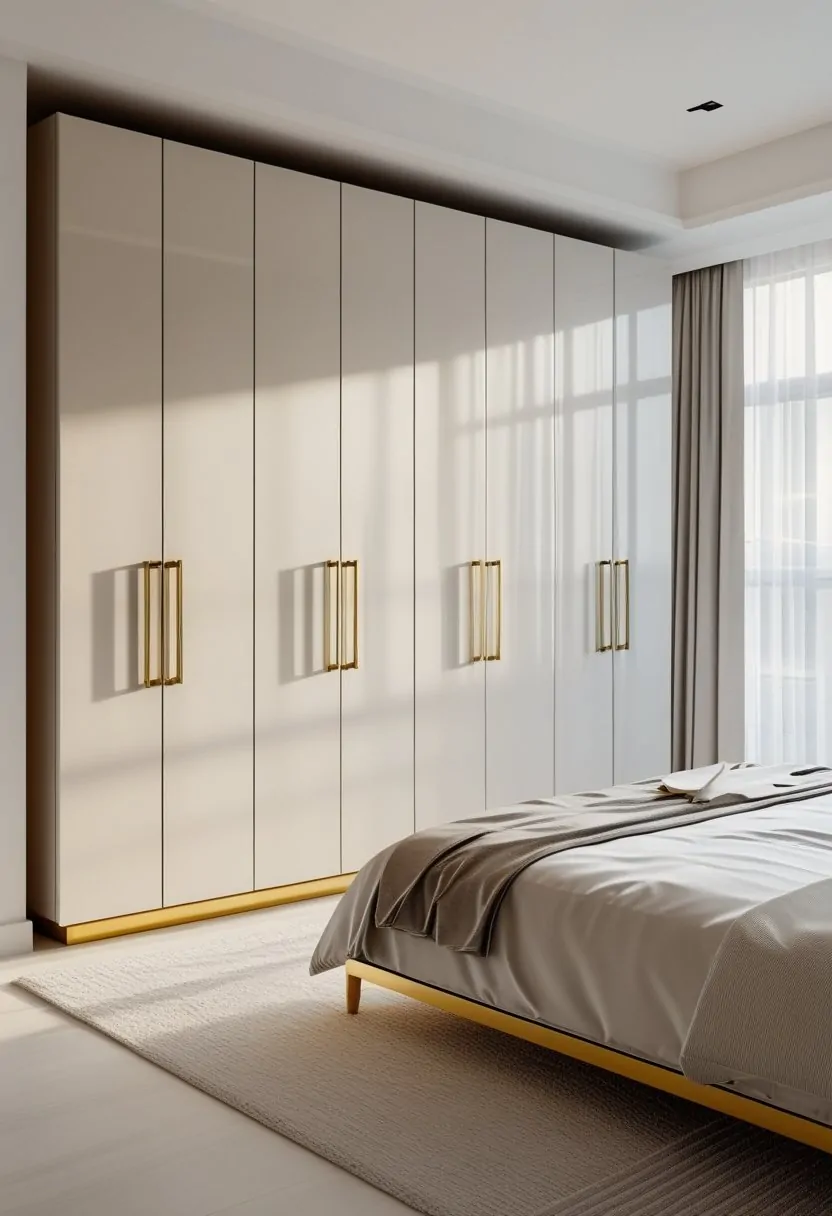 A bedroom with a large wardrobe featuring gold handles and legs, surrounded by a simple and tidy interior.