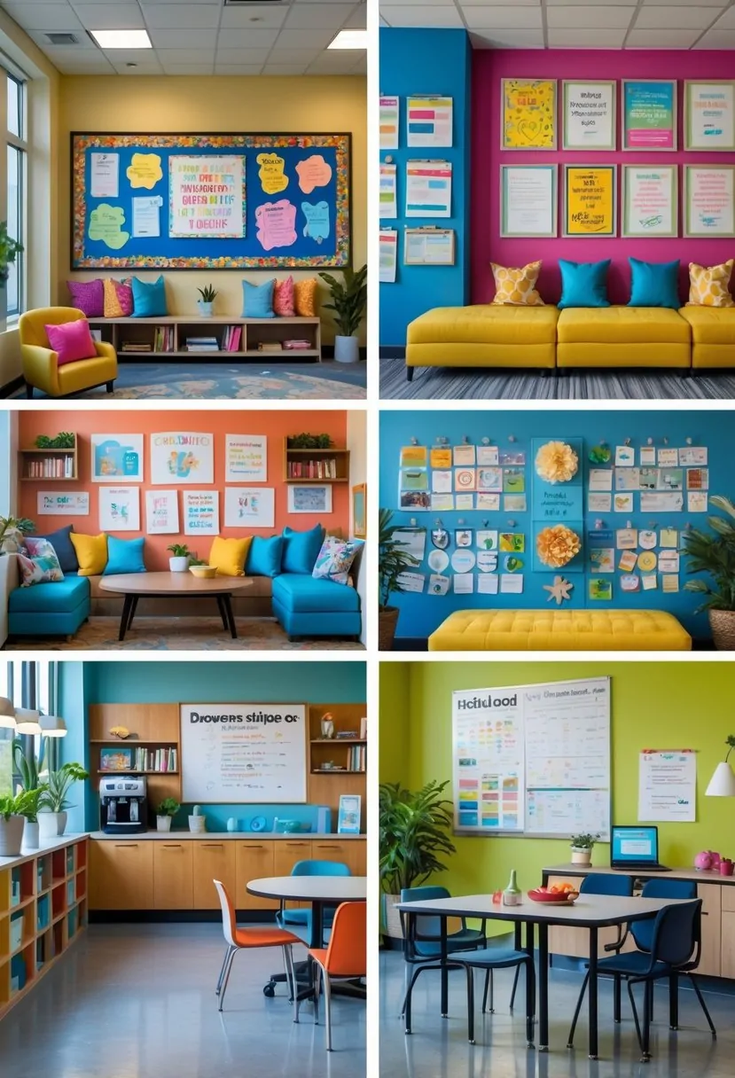 A teachers' lounge with six different decorations including a bulletin board, reading nook, motivational wall, supply corner, coffee station, and collaborative workspace.