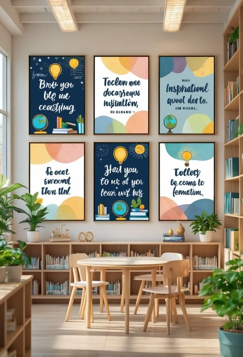 A teachers' room decorated with six framed inspirational wall art pieces, bookshelves, plants, and comfortable seating.