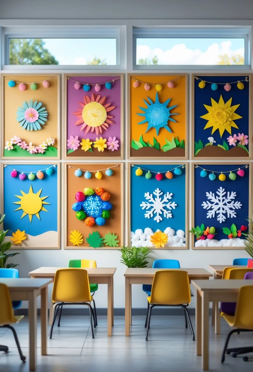 A teachers' lounge with six colorful seasonal bulletin boards and comfortable seating, decorated to create a welcoming and engaging atmosphere.