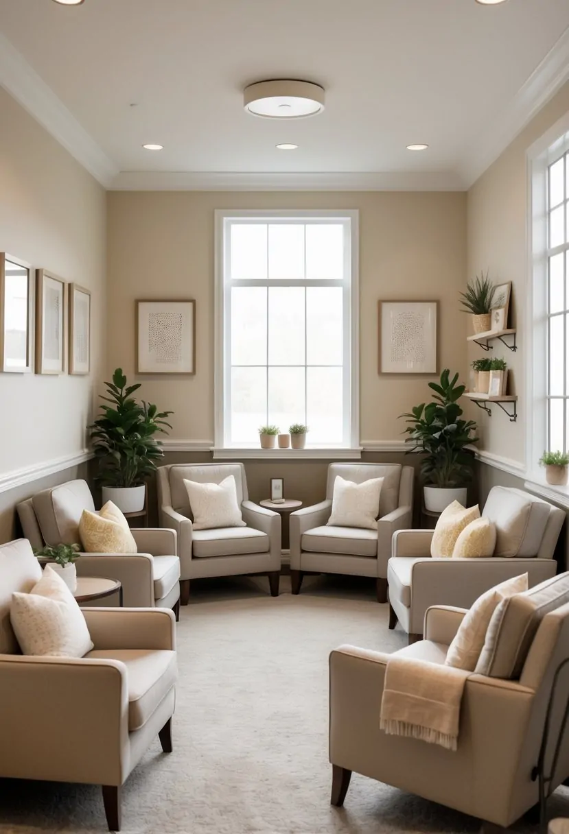 A cozy teachers' lounge corner with six comfortable seats, cushions, throw blankets, plants, and soft natural light.