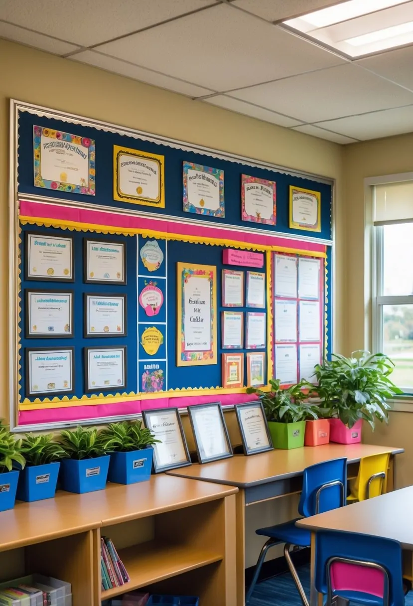 A teachers' room with a display of certificates, awards, and decorations celebrating teacher achievements.