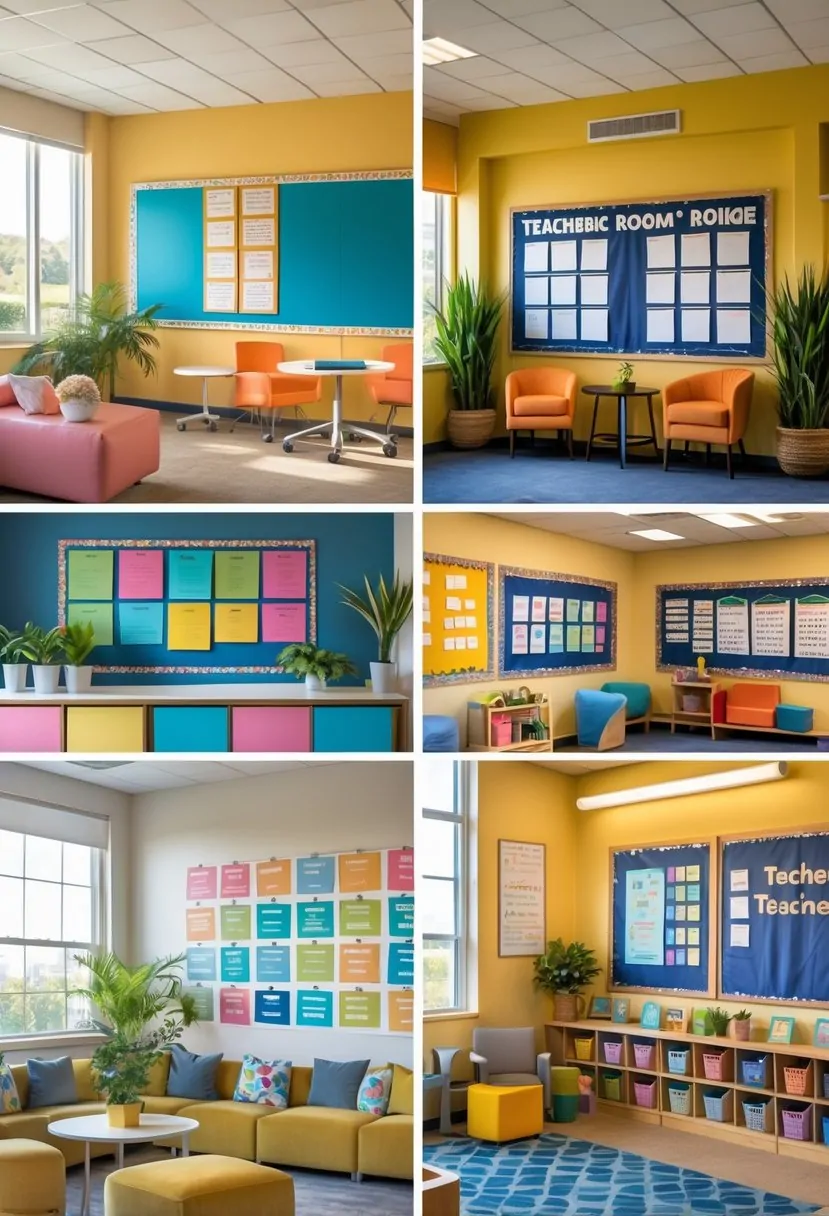 A teachers' lounge with six different decorations including bulletin boards, plants, seating areas, and shelves with books, arranged in a bright and organized room.