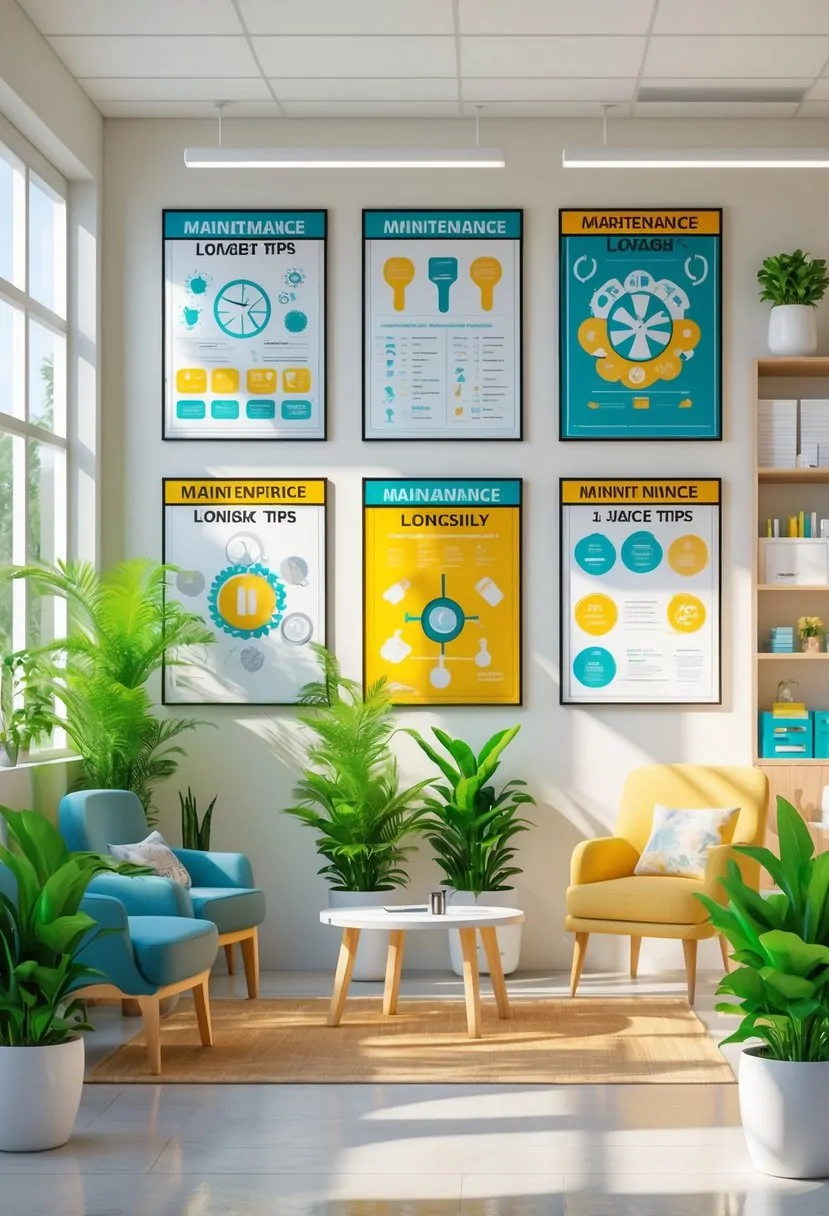 A clean and bright teachers' lounge with six colorful decorations on the walls, comfortable seating, indoor plants, and shelves with books and supplies.