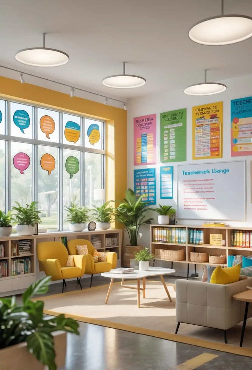 A well-decorated teachers' lounge with comfortable seating, educational posters, plants, bookshelves, and a whiteboard in a bright room.