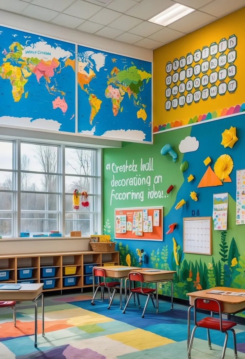 A classroom wall decorated with a world map, alphabet chart, motivational mural, student artwork board, interactive calendar, nature mural, and geometric patterns.