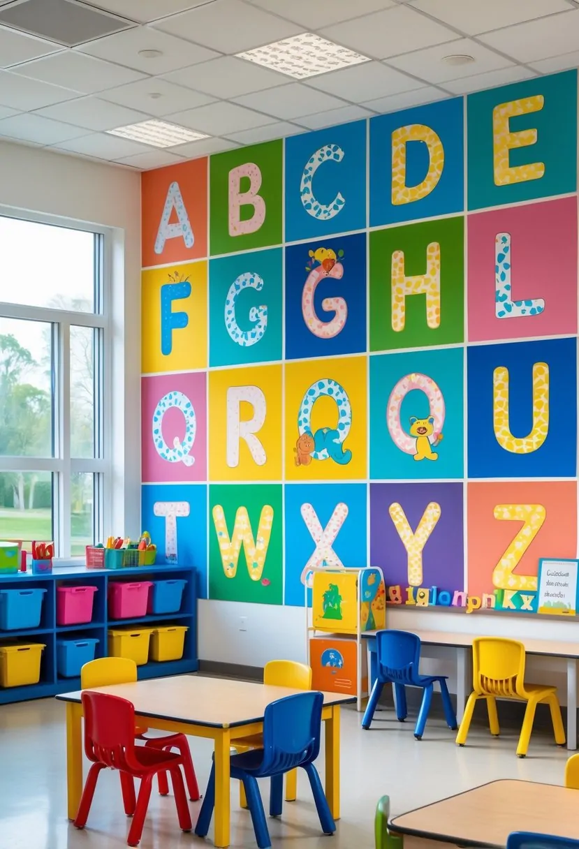 A colorful classroom with large alphabet murals on the walls and various decorations, featuring child-sized desks and chairs.