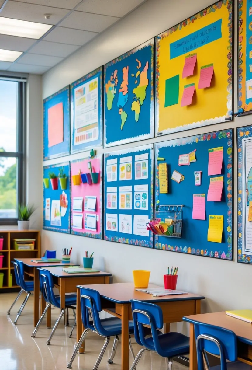 Classroom wall with several interactive bulletin boards displaying educational materials and student artwork in a bright and organized setting.