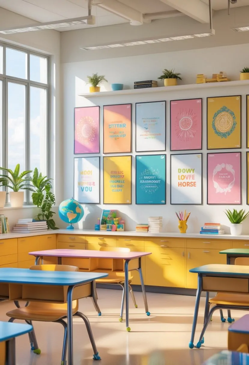 A classroom with colorful inspirational posters on the walls, desks and chairs arranged neatly, and plants on shelves.
