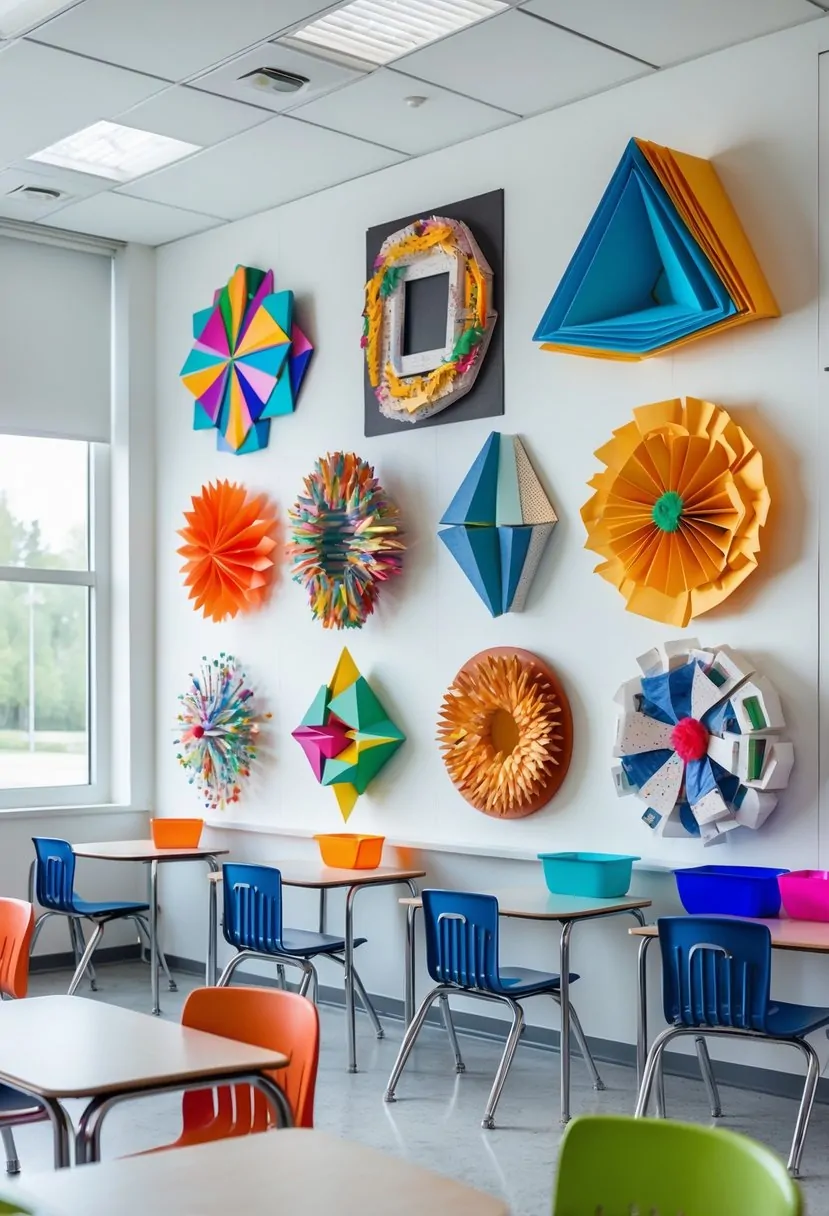 A classroom wall decorated with seven different colorful 3D student art projects displayed neatly around the room.