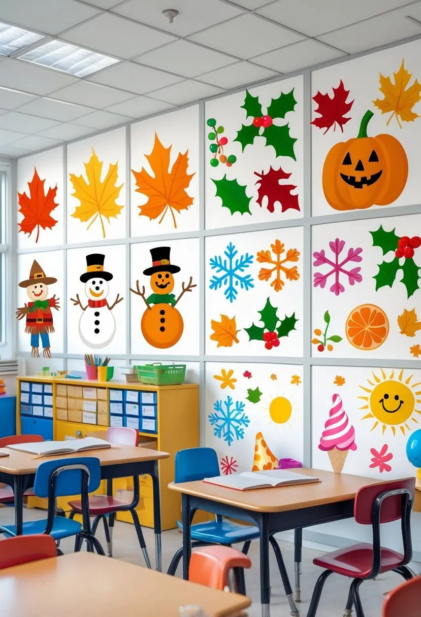 Classroom walls decorated with seven different seasonal and holiday-themed wall decals representing fall, winter, spring, and summer.