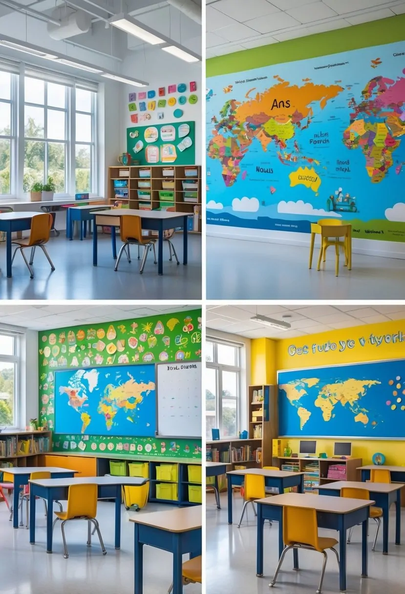 A classroom with seven different colorful peel-and-stick wallpaper designs on the walls, surrounded by desks, chairs, and educational materials.