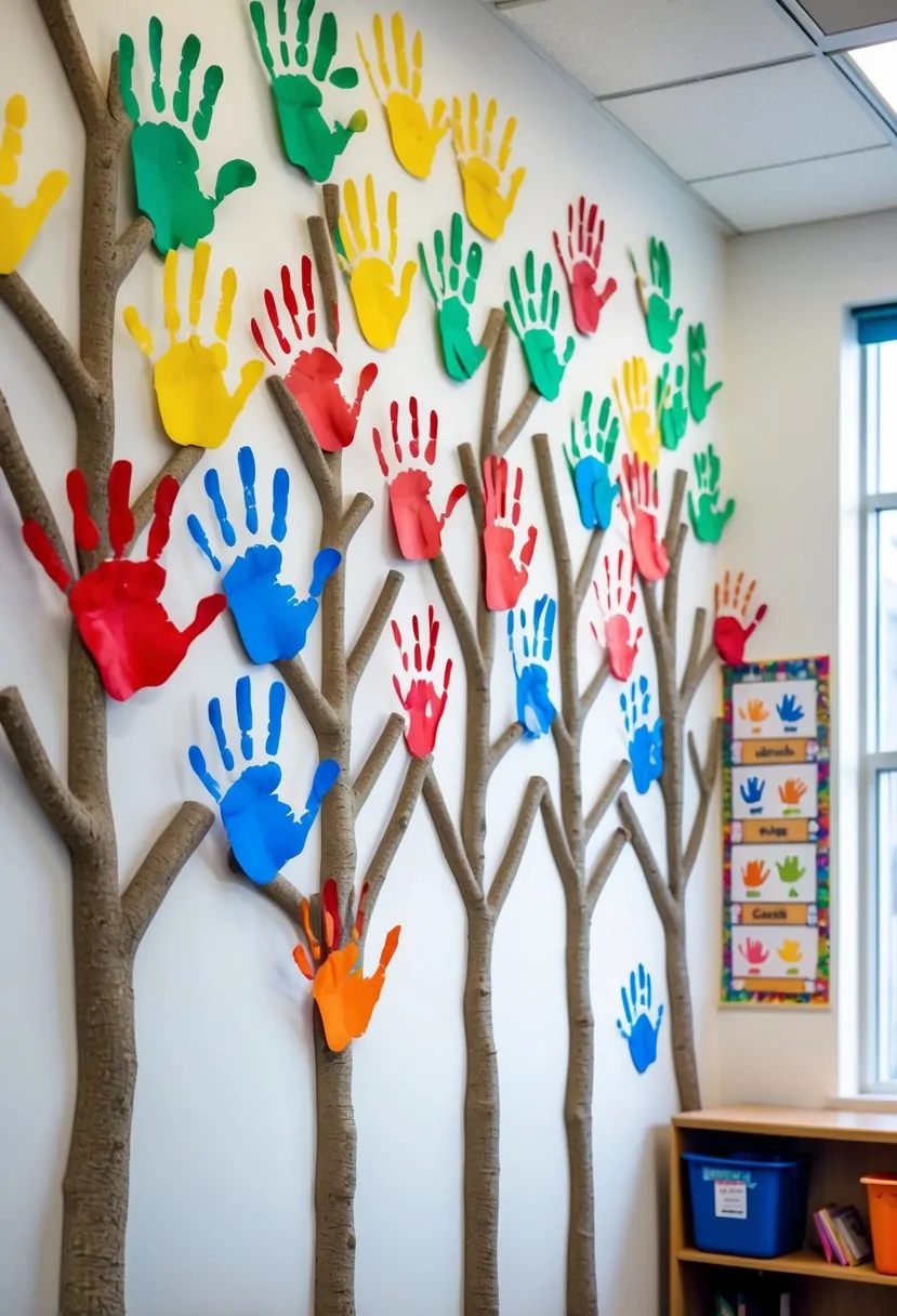 Classroom wall decorated with colorful handprint-shaped trees representing students, surrounded by classroom shelves and natural light.