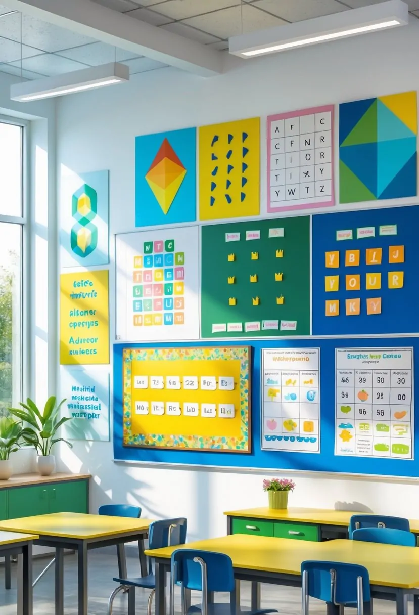 A bright classroom with a colorful wall featuring seven different types of educational decorations, including posters, bulletin boards, and learning aids, with desks and chairs arranged neatly and sunlight coming through large windows.