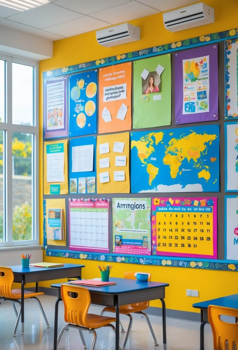 A classroom wall decorated with colorful educational posters, student artwork, a world map, and interactive bulletin boards, with desks and natural light visible.