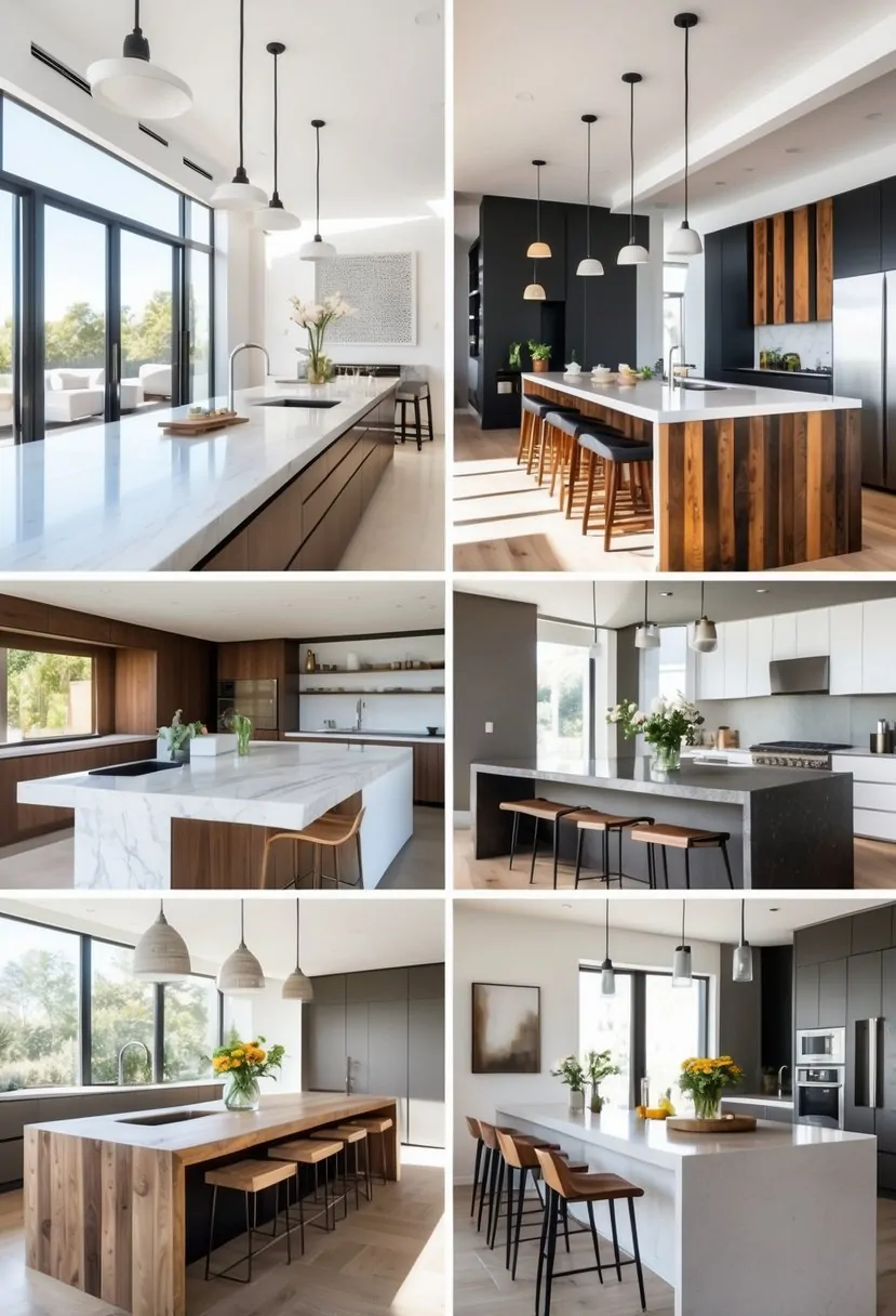 A spacious kitchen displaying nine different kitchen islands, each with unique designs and materials, including seating, storage, and sinks.