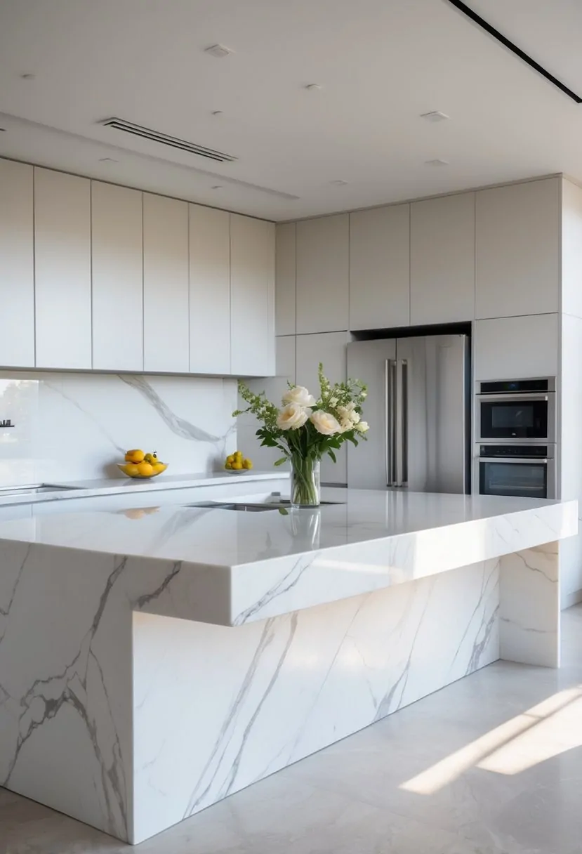 A kitchen with a waterfall-edge island topped with white marble countertop and modern kitchen appliances in the background.
