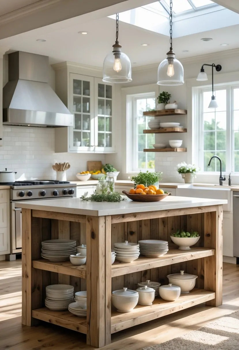 A kitchen with a rustic wood island featuring open shelves filled with dishes and jars, surrounded by modern appliances and natural light.
