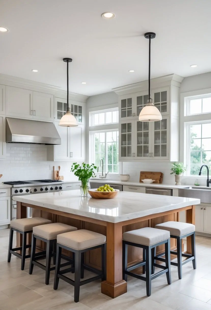 A large kitchen island with built-in seating in a modern kitchen, surrounded by cabinets and appliances.