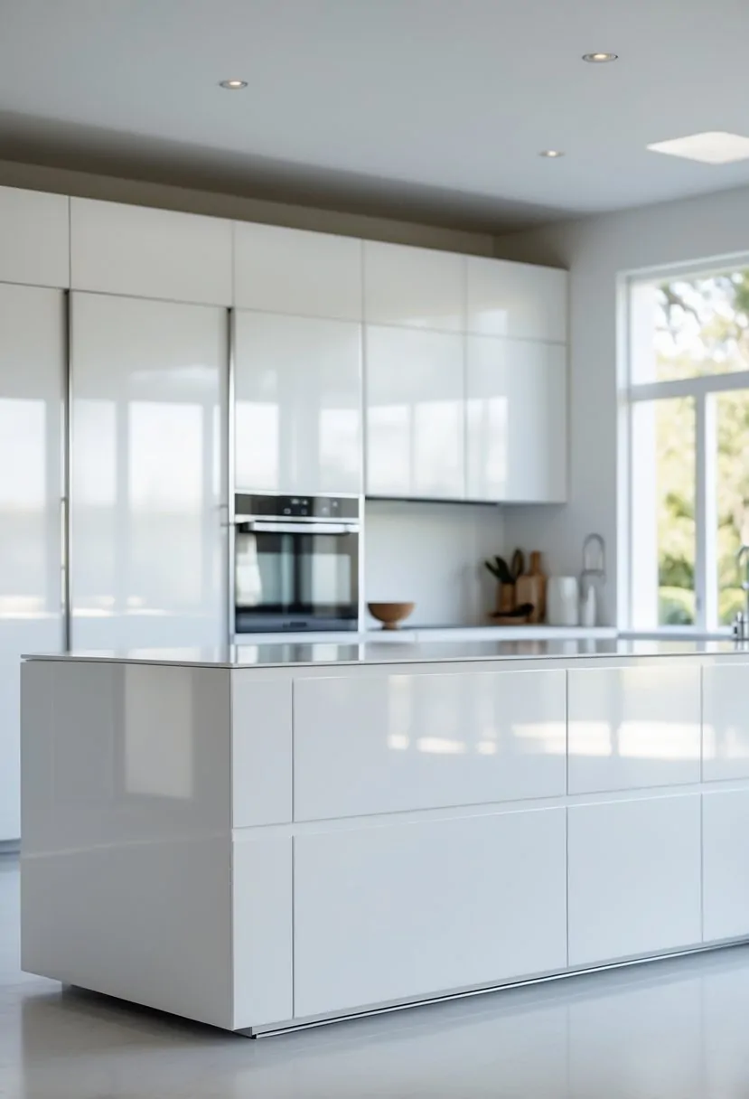 A modern kitchen with a white kitchen island in the center and clean, minimal design.
