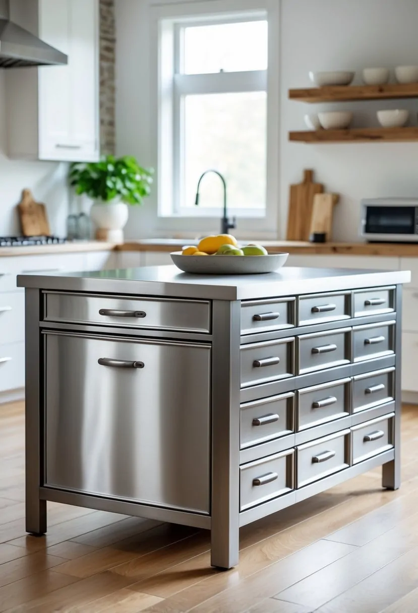 A metal kitchen island with multiple storage drawers in a bright kitchen setting.