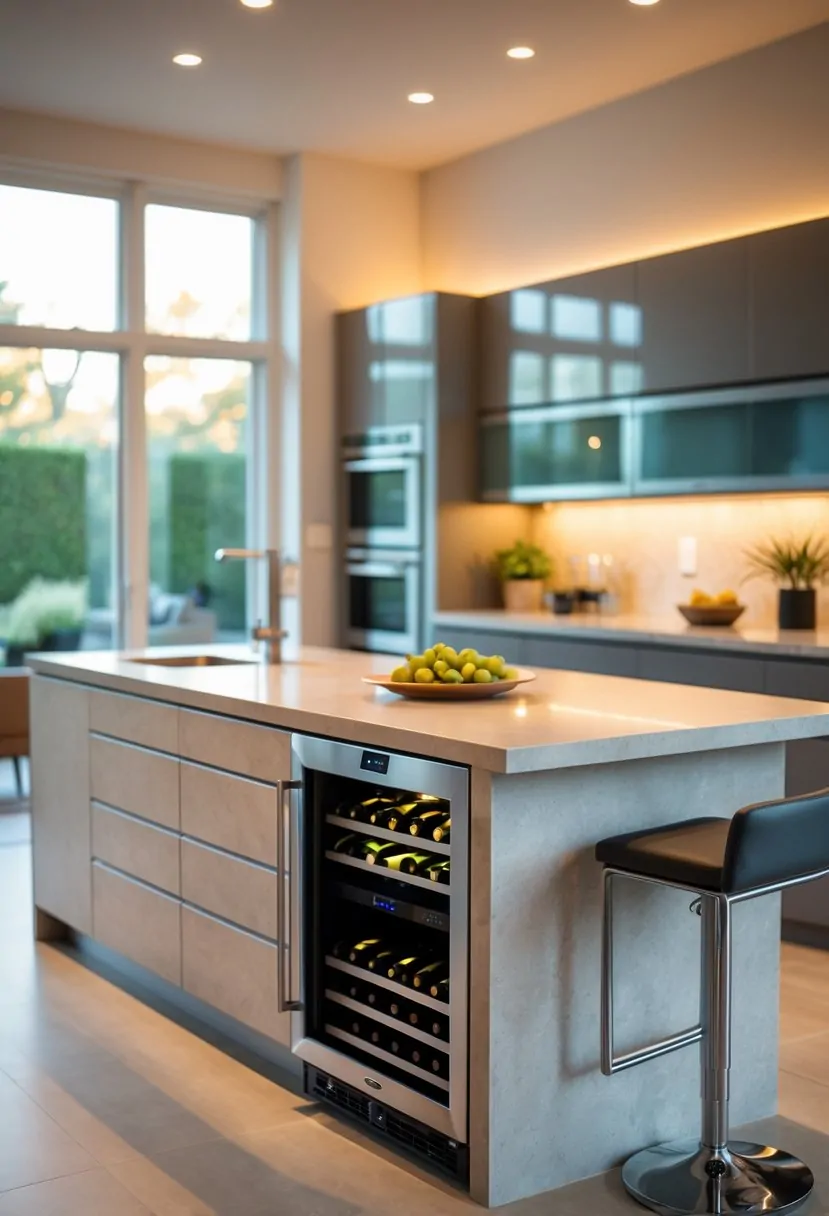 Kitchen with a large island that has an integrated wine cooler and bar stools, surrounded by cabinets and appliances.