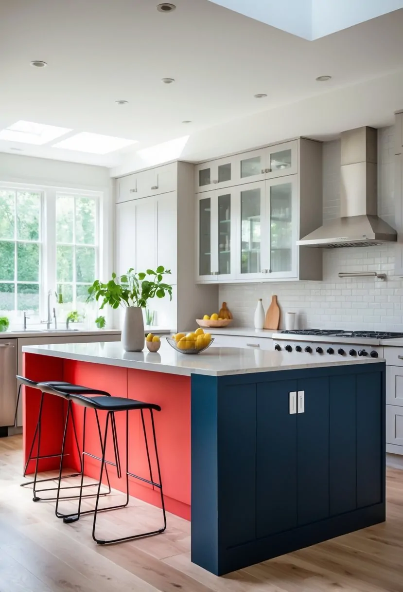A kitchen with a large colorful island contrasting against neutral cabinets and natural light coming through windows.