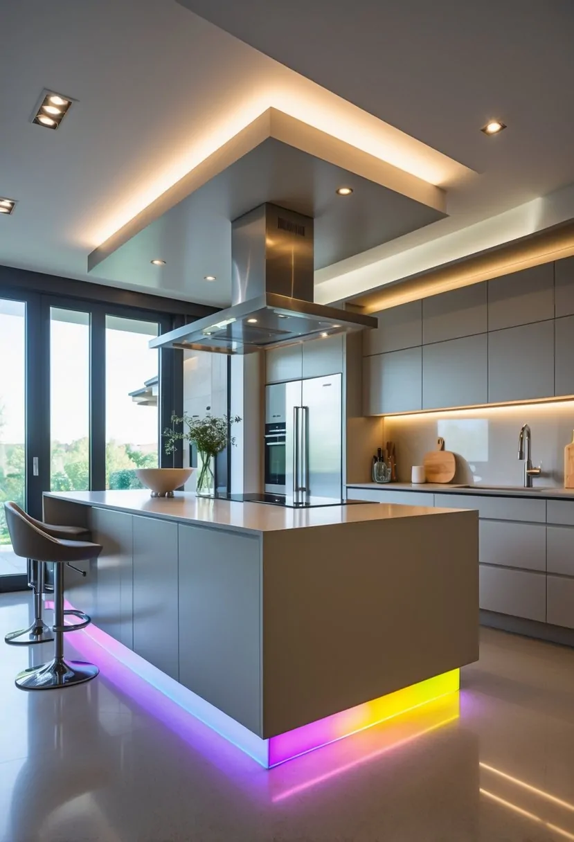 A modern kitchen with a large island illuminated by LED lights underneath, surrounded by kitchen appliances and bar stools.