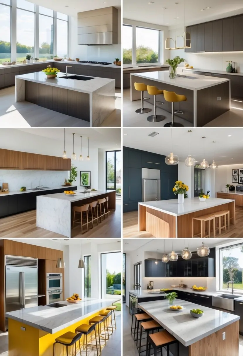 A spacious kitchen displaying nine different kitchen islands, each with unique shapes, materials, and functional features, arranged within a modern kitchen setting.