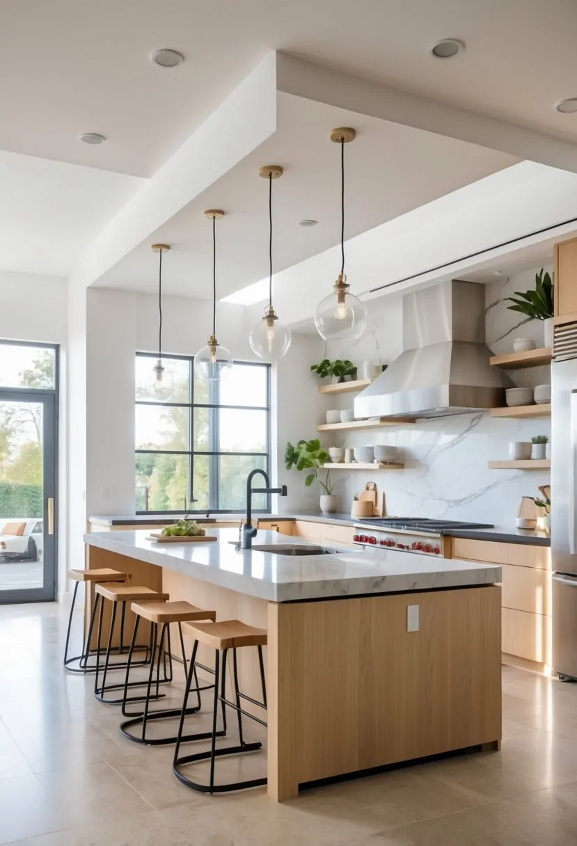 A modern kitchen with a large kitchen island, bar stools, pendant lights, and natural light coming through windows.