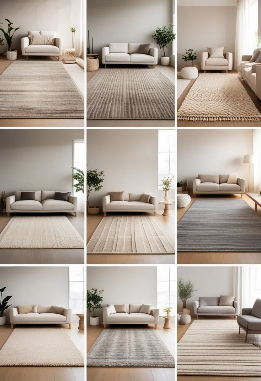 Nine different neutral-colored living room rugs displayed in a modern living room with furniture and natural lighting.