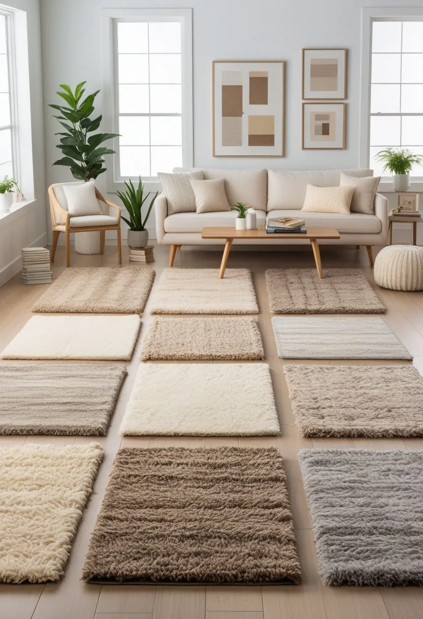 A bright living room with nine neutral-colored area rugs arranged on a light hardwood floor, surrounded by a sofa, coffee table, and plants.