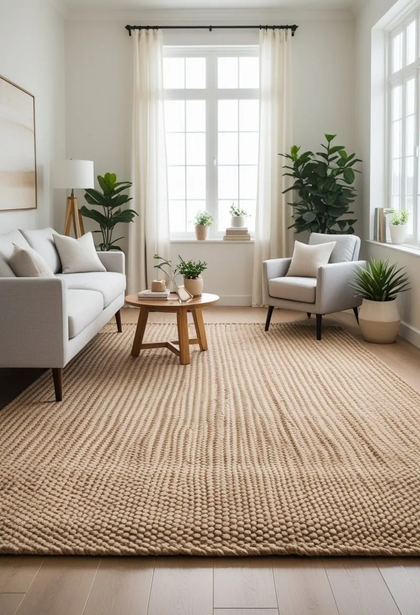 A bright living room with a large natural-colored woven rug on a wooden floor, a gray sofa, a wooden coffee table, and a cozy armchair.