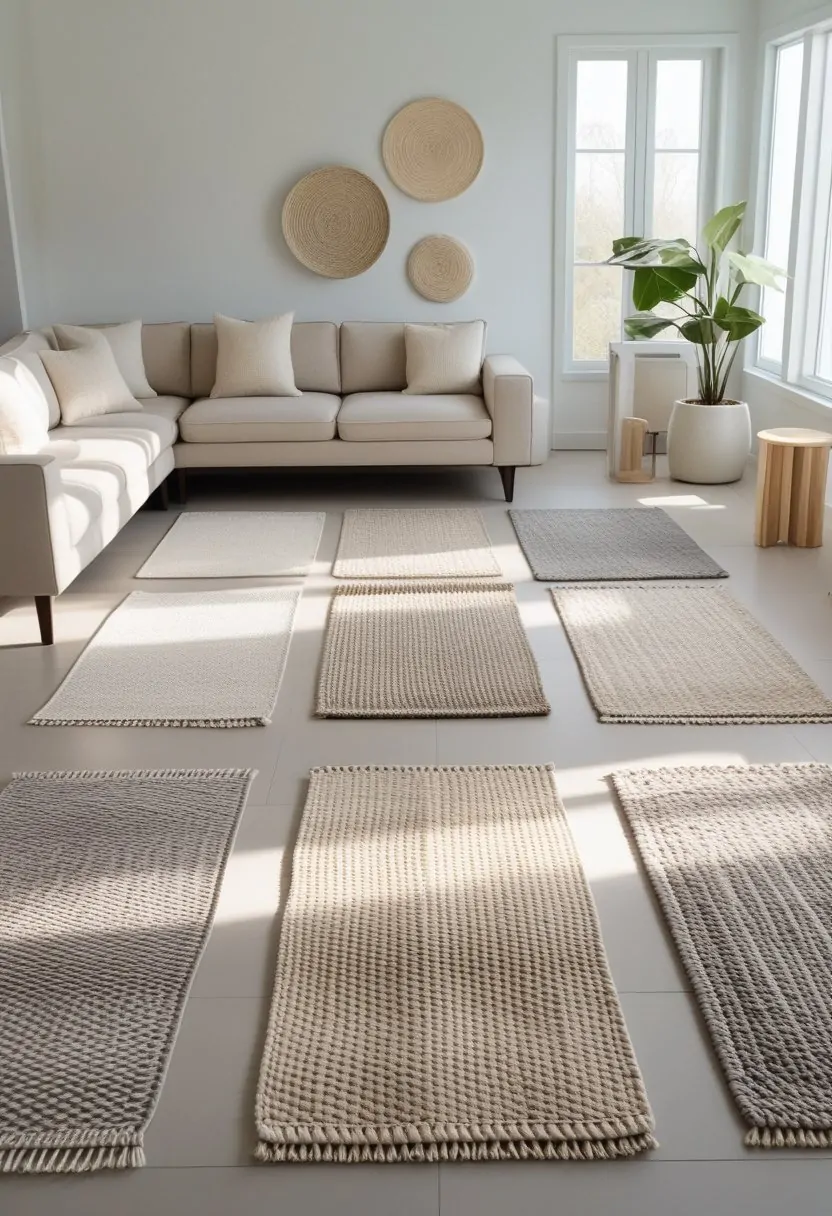 Living room with nine woven neutral rugs arranged on the floor, surrounded by light furniture and natural sunlight.