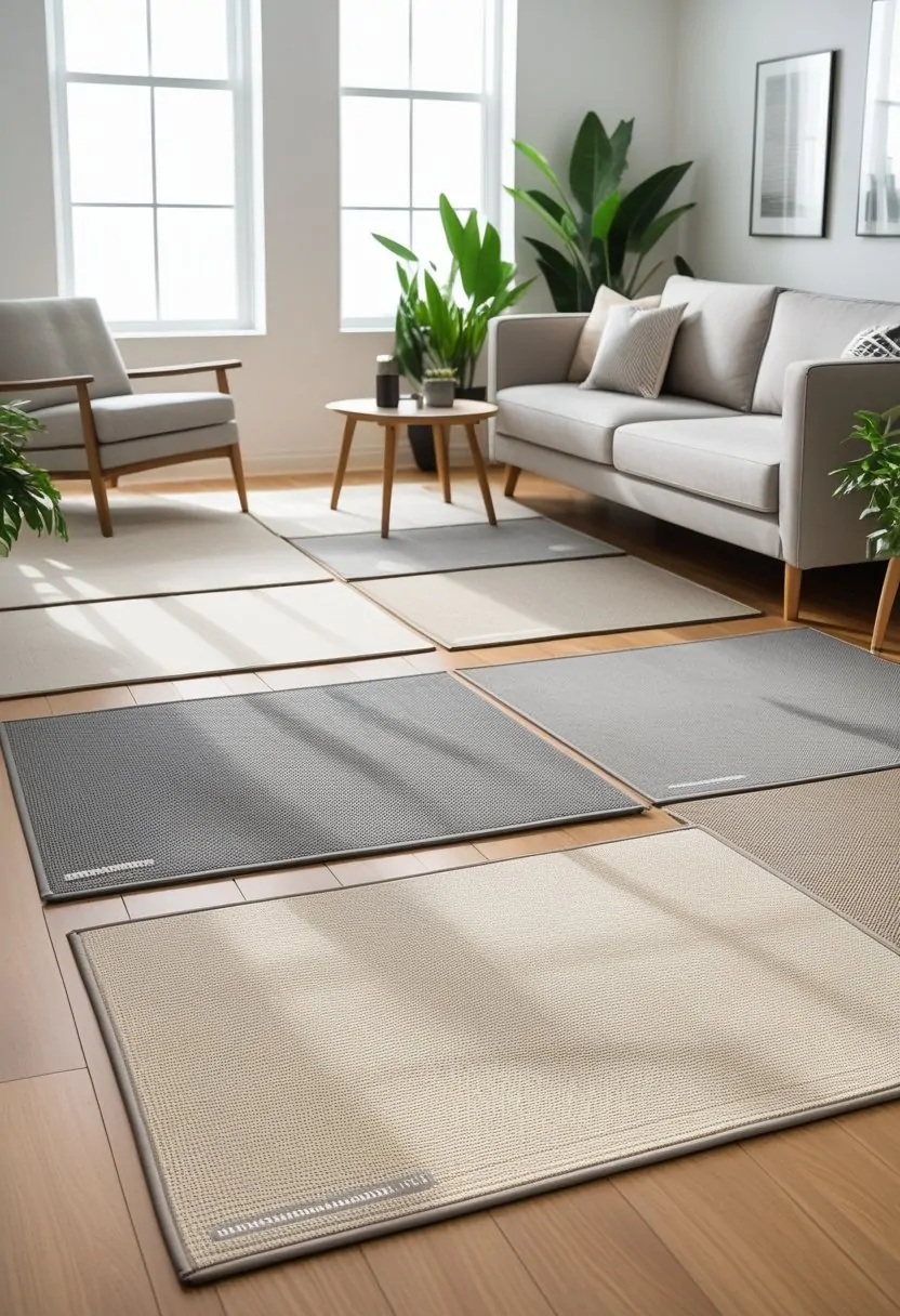 A bright living room with nine neutral-colored area rugs arranged on a hardwood floor, surrounded by modern furniture and indoor plants.
