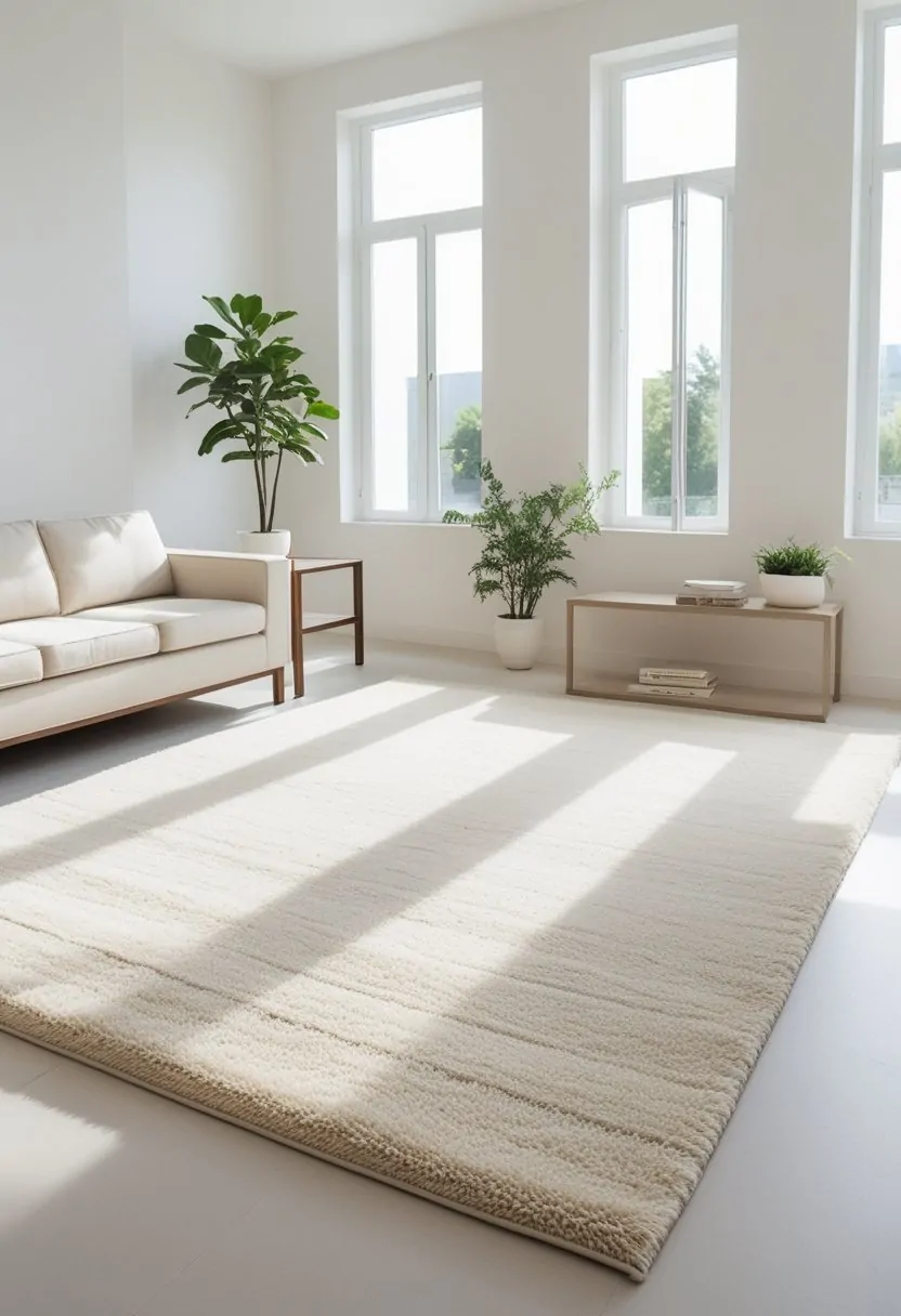 A bright living room with a large cream rug, a neutral-toned sofa, a wooden coffee table, and natural light coming through windows.