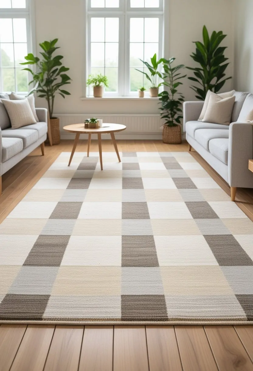 A living room with a checkered neutral-colored rug on a hardwood floor, a gray sofa, wooden coffee table, and plants near large windows.