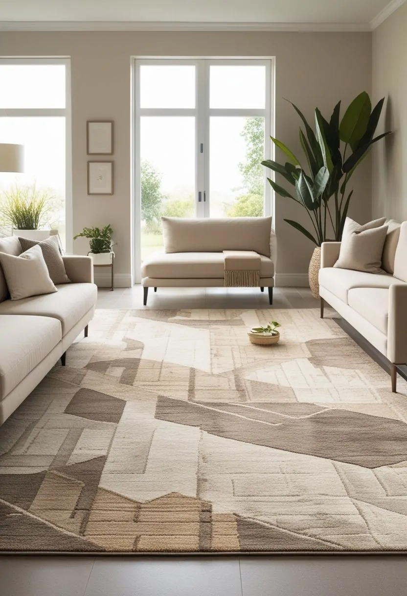 A living room with a large neutral abstract rug on the floor, a sofa, coffee table, and plants.