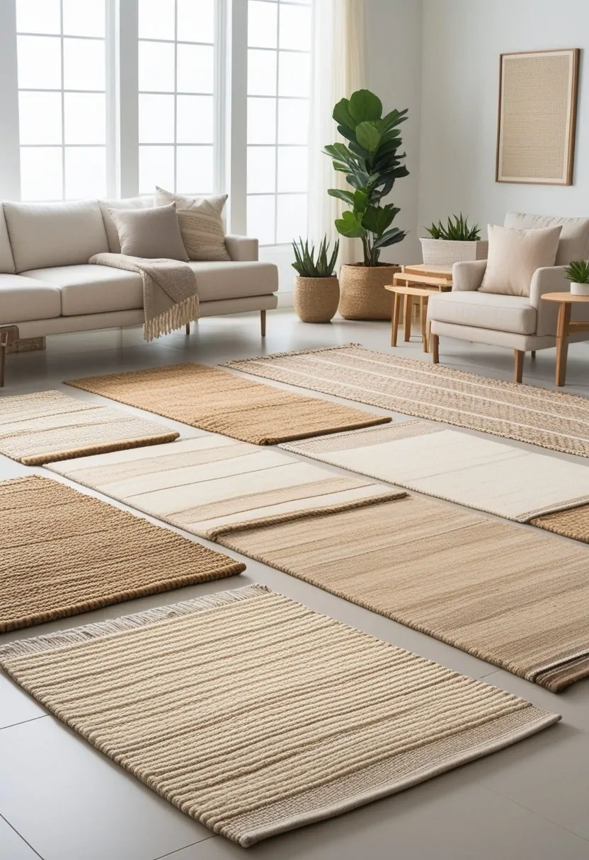 A bright living room with nine neutral-colored natural fiber rugs arranged on the floor, surrounded by light furniture and plants.