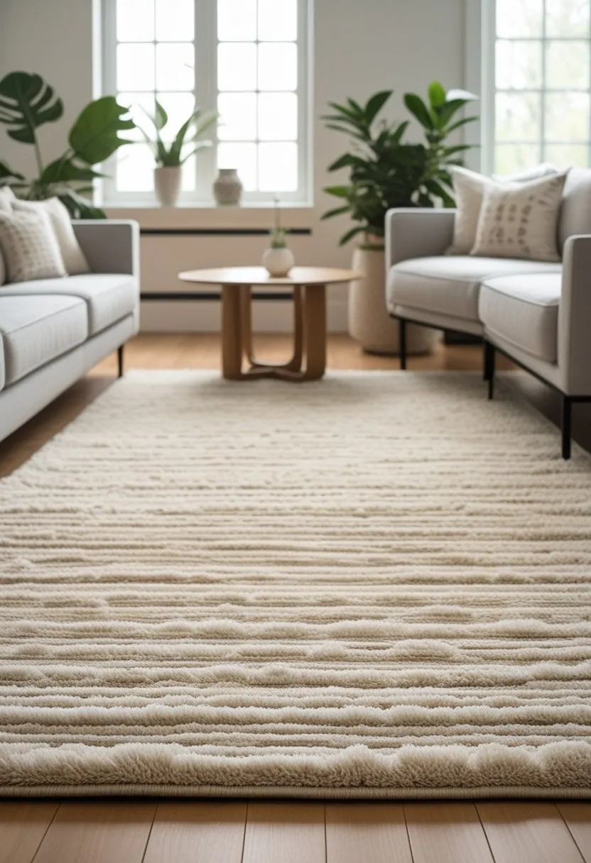 Living room with a soft textured neutral rug on a hardwood floor, a gray sofa, wooden coffee table, and natural light from large windows.