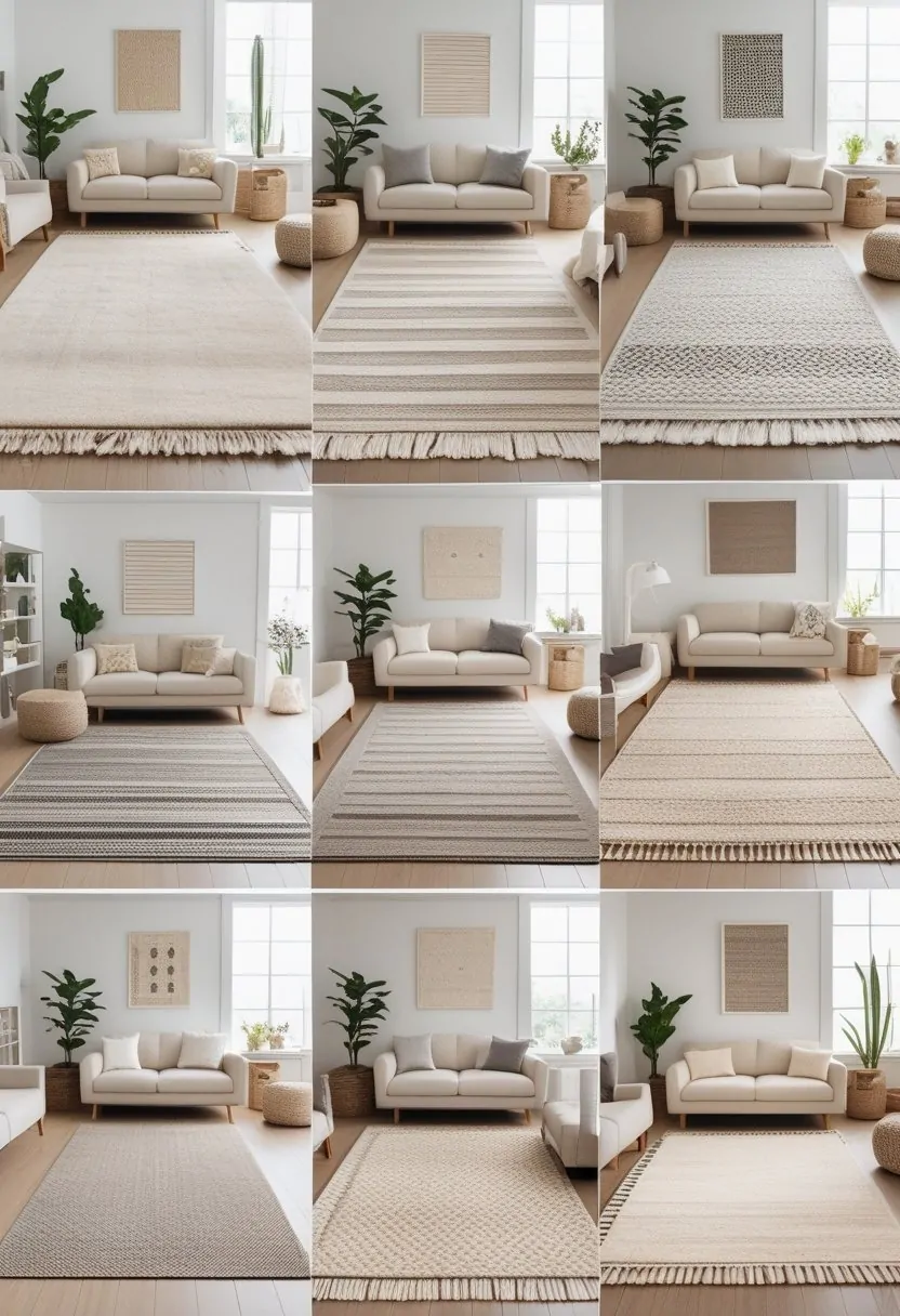 A living room with nine different neutral-colored rugs displayed on the floor, surrounded by a sofa, coffee table, and plants.