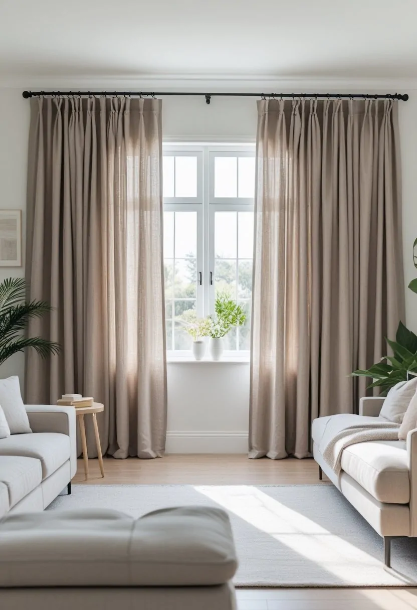 Neutral Living Room Curtains for a Timeless and Elegant Look 4 A living room with seven taupe linen curtains hanging from large windows, with natural light filling the space and neutral-colored furniture.