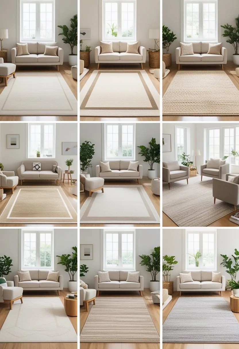 A living room with nine different neutral-colored rugs arranged under sofas, chairs, and tables, illuminated by natural light from large windows.