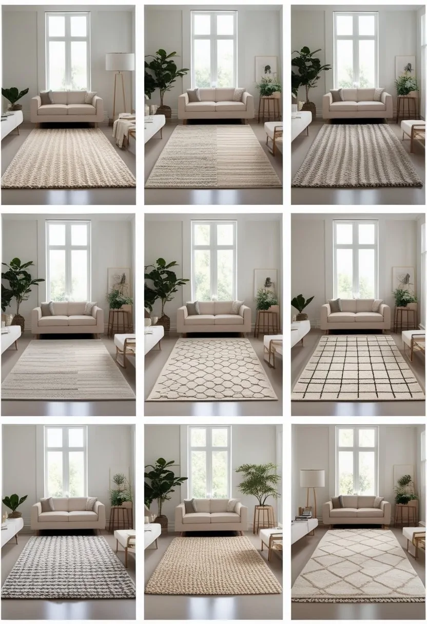 A living room with nine different neutral-colored rugs displayed on the floor, surrounded by a sofa, coffee table, and plants.