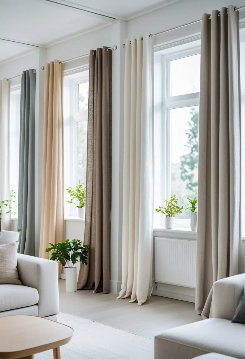 Neutral Living Room Curtains for a Timeless and Elegant Look 7 Living room with seven neutral-colored curtains hanging on multiple windows, soft natural light coming through, and simple furniture nearby.