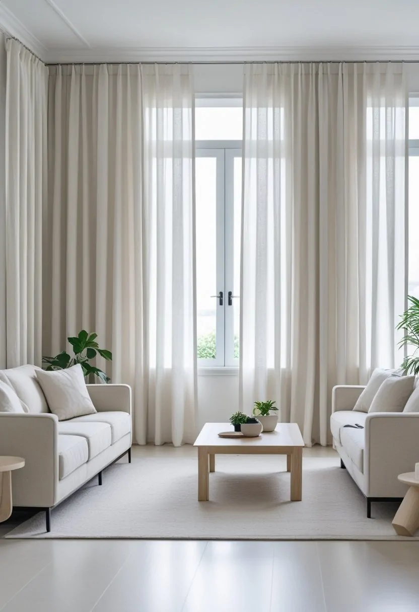 Neutral Living Room Curtains for a Timeless and Elegant Look 8 Living room with seven white linen curtains hanging from large windows, with neutral furniture and soft lighting.