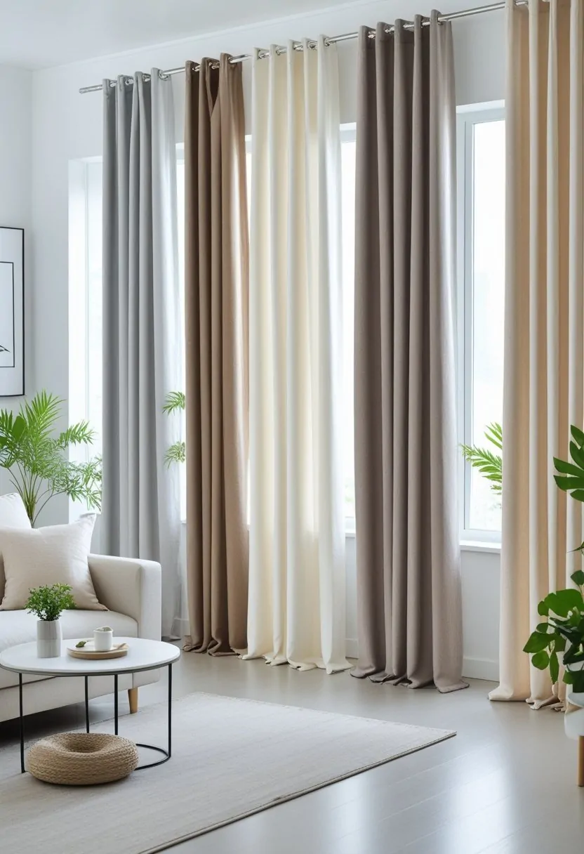 Neutral Living Room Curtains for a Timeless and Elegant Look 9 Living room with seven different neutral-colored curtains hanging in front of large windows, sunlight filling the space, with a sofa and coffee table visible.